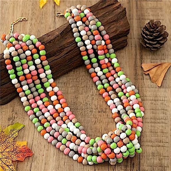 Boho Festival Wood Bead Necklace Multi-Color Strand Colorful Y2K Style - Picture 1 of 2